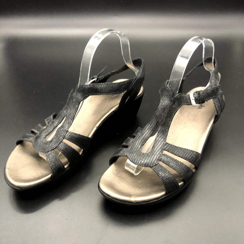 Clarks Bendables Black Leather Wedge Sandals, Women's Size 9.5/EUR 40